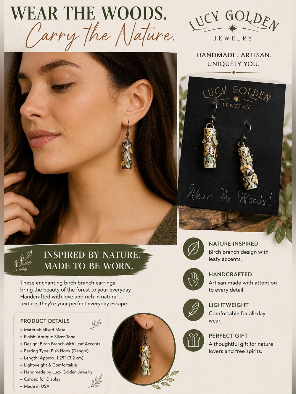 Lucy Golden Birch Branch Leaf Accent Dangle Earrings - Gold/Green